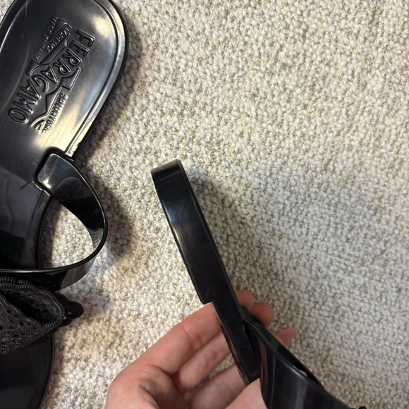 Salvatore Ferragamo Lace Bow Tie, Black Jelly Sandals - Picture 9 of 14